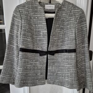 Liz Claiborne Black/White Tweed Jacket With Bow Hook & Snap Closure Lined